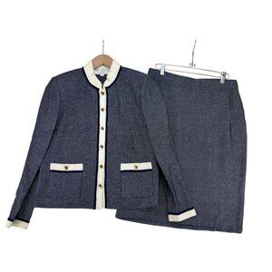 Vintage St. John Collection Suit Blue/White Long Sleeve Top & Skirt Size 4 & 6